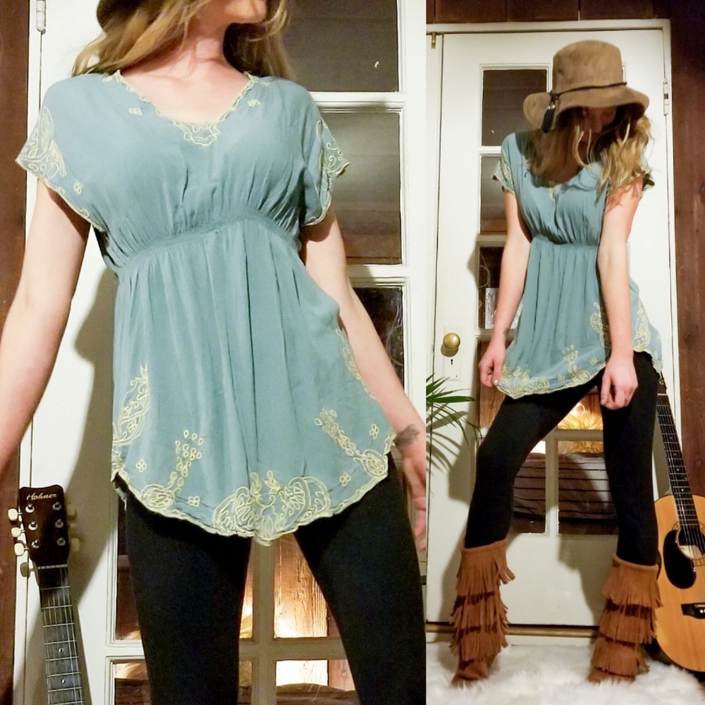 Light blue embroidered cinched tunic